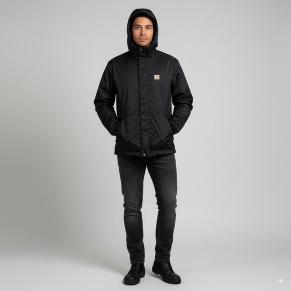 Carhartt Storm Defender Rain Jacket Men's L Tall Black Hooded Waterproof Coat - Picture 1 of 12